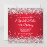 Sparkly Silver Glitter Red Ombre 70th Birthday Kaart<br><div class="desc">Een elegant fancy monogram 70e verjaardag uitnodiging voor haar. Faux zilverglitter-korrelglansglas met sparkles tegen een donker en helder rood ombre grafisch afbeelding. Het fancy klassieke bloeiende kalligrafische monogram op de rug kan worden aangepast. Een mooie uitnodiging voor je grootmoeder op haar zeventigste mijlpaal verjaardag. Alle zilvergrijze glitterelementen en witte glans...</div>