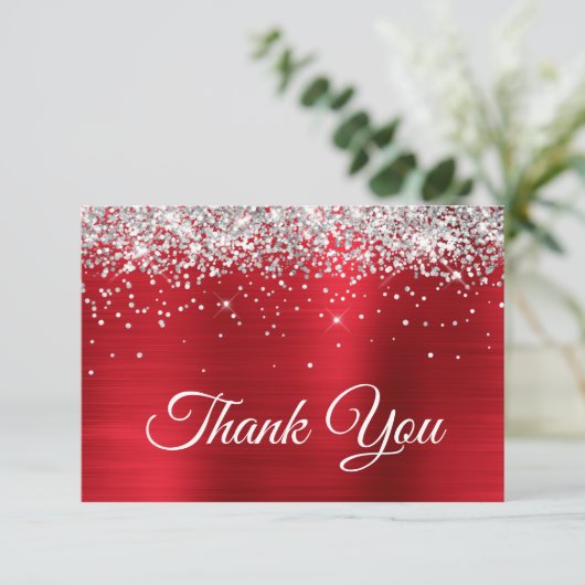 Sparkly Silver Glitter Red Satin Ombre Folie Bedankkaart (Staand voorkant)