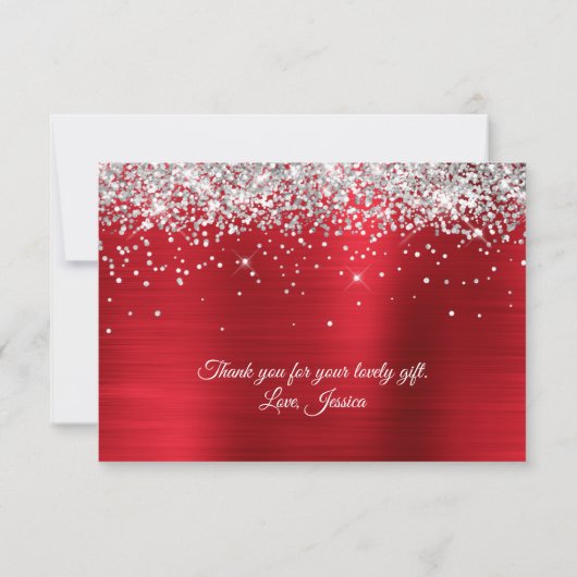Sparkly Silver Glitter Red Satin Ombre Folie Bedankkaart (Achterkant)