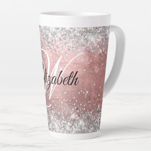Sparkly Silver Glitter Roos Blush Folie Monogram Latte Mok (Rechterhoek)