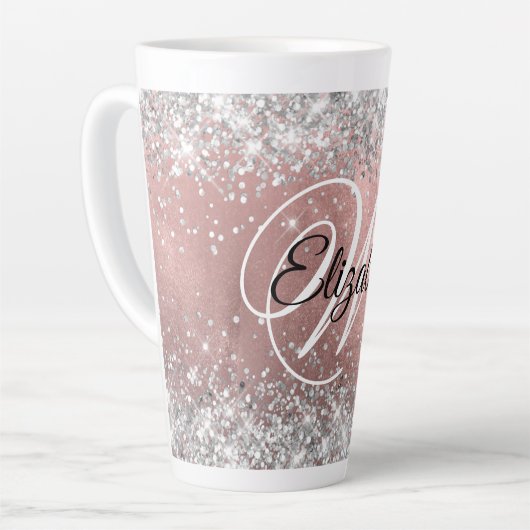 Sparkly Silver Glitter Roos Blush Folie Monogram Latte Mok (Linkerhoek)