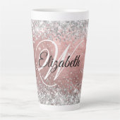 Sparkly Silver Glitter Roos Blush Folie Monogram Latte Mok (Voorkant)