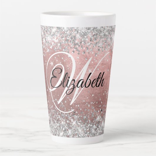 Sparkly Silver Glitter Roos Blush Folie Monogram Latte Mok (Voorkant)