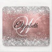 Sparkly Silver Glitter Roos Blush Folie Monogram Muismat (Voorkant)