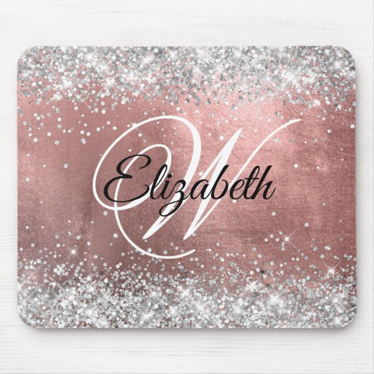 Sparkly Silver Glitter Roos Blush Folie Monogram Muismat (Voorkant)