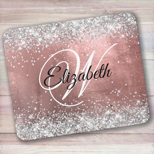 Sparkly Silver Glitter Roos Blush Folie Monogram Muismat