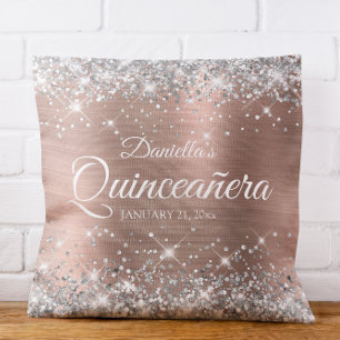 Sparkly Silver Glitter Roos Gold Foil Quinceañera Kussen