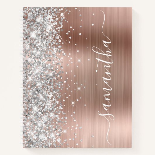 Sparkly Silver Glitter Roos Gouden Glam Girly Naam Notitieboek (Voorkant)