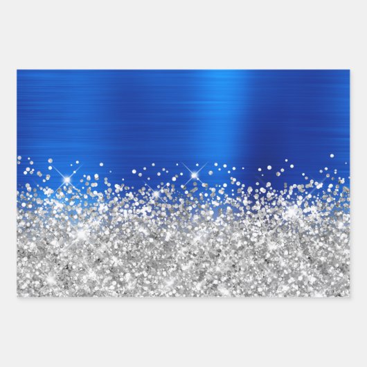 Sparkly Silver Glitter Royal Blue Faux Folie Inpakpapier Vel (Voorkant 2)