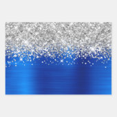 Sparkly Silver Glitter Royal Blue Faux Folie Inpakpapier Vel (Voorkant)