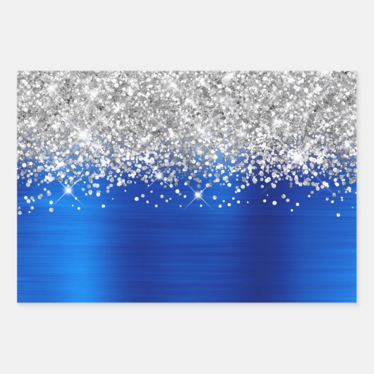 Sparkly Silver Glitter Royal Blue Faux Folie Inpakpapier Vel (Voorkant 3)