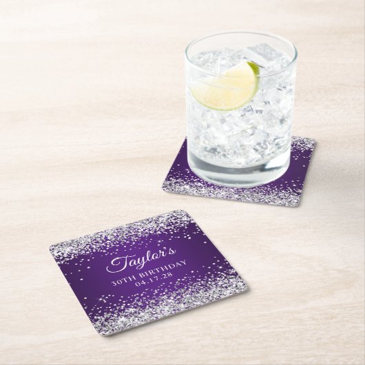 Sparkly Silver Glitter Royal Paars 30th Birthday Kartonnen Onderzetters (Insitu)