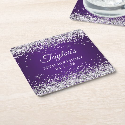Sparkly Silver Glitter Royal Paars 30th Birthday Kartonnen Onderzetters (Schuin)