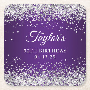 Sparkly Silver Glitter Royal Paars 30th Birthday Kartonnen Onderzetters