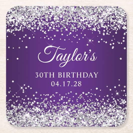 Sparkly Silver Glitter Royal Paars 30th Birthday Kartonnen Onderzetters (Voorkant)