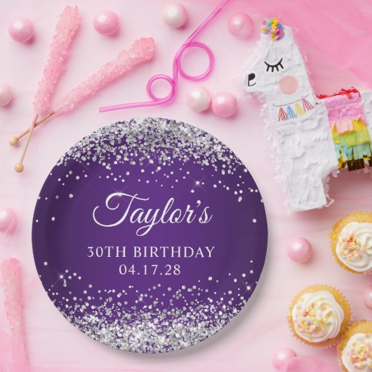 Sparkly Silver Glitter Royal Paars 30th Birthday Papieren Bordje (Feest)