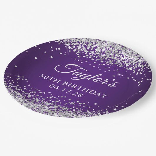 Sparkly Silver Glitter Royal Paars 30th Birthday Papieren Bordje (Gekanteld)