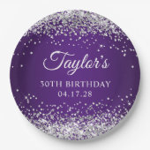 Sparkly Silver Glitter Royal Paars 30th Birthday Papieren Bordje (Voorkant)