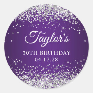 Sparkly Silver Glitter Royal Paars 30th Birthday Ronde Sticker