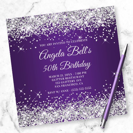 Sparkly Silver Glitter Royal Paars 50th Birthday Kaart