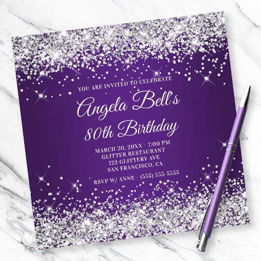 Sparkly Silver Glitter Royal Paars 80th Birthday Kaart