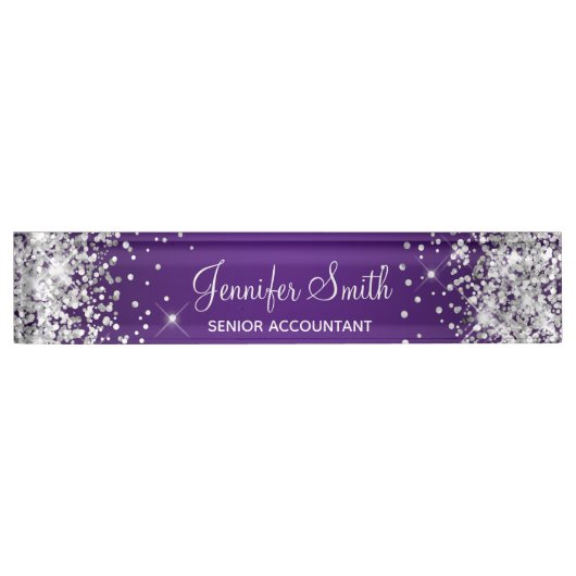 Sparkly Silver Glitter Royal Paars Gradient Naambordje (Voorkant)