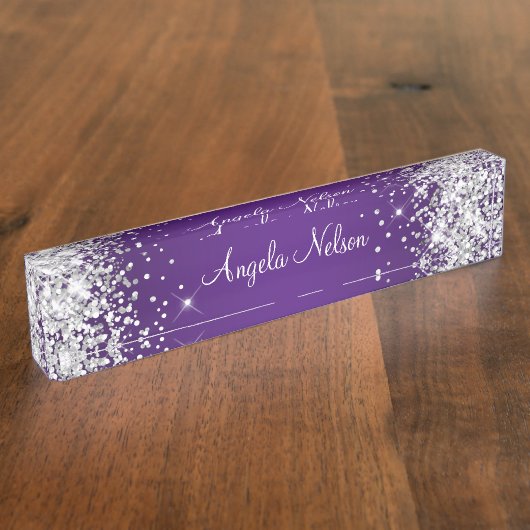 Sparkly Silver Glitter Royal Paars Ombre Naambordje (Zijkant)