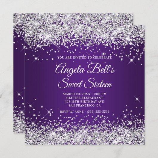 Sparkly Silver Glitter Royal Paars Sweet Sixteen Kaart (Voorkant / Achterkant)