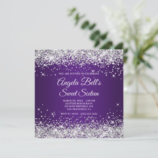 Sparkly Silver Glitter Royal Paars Sweet Sixteen Kaart (Staand voorkant)