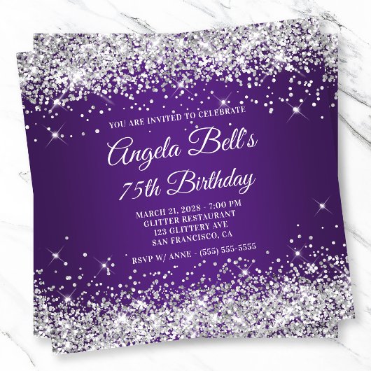 Sparkly Silver Glitter Royal Paarse 75e verjaardag Kaart
