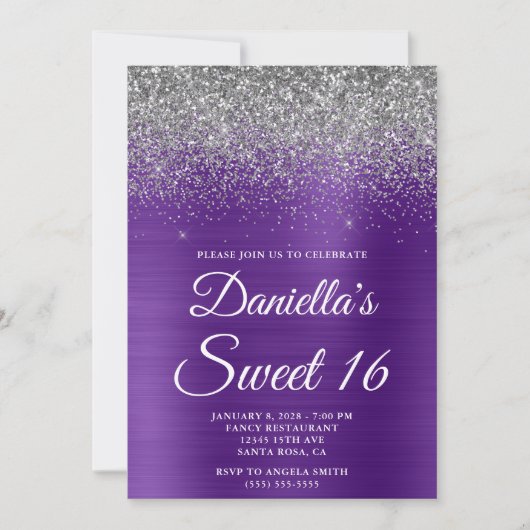 Sparkly Silver Glitter Royal Paarse Folie Sweet 16 Kaart (Voorkant)
