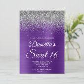 Sparkly Silver Glitter Royal Paarse Folie Sweet 16 Kaart (Staand voorkant)