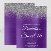 Sparkly Silver Glitter Royal Paarse Folie Sweet 16 Kaart (Voorkant / Achterkant)