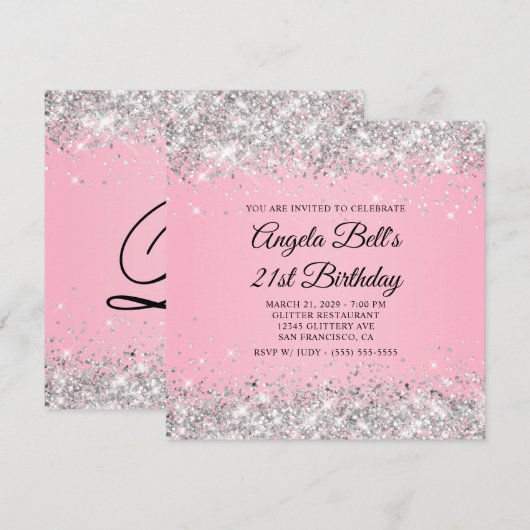 Sparkly Silver Glitter Roze 21e Verjaardag Kaart (Voorkant / Achterkant)