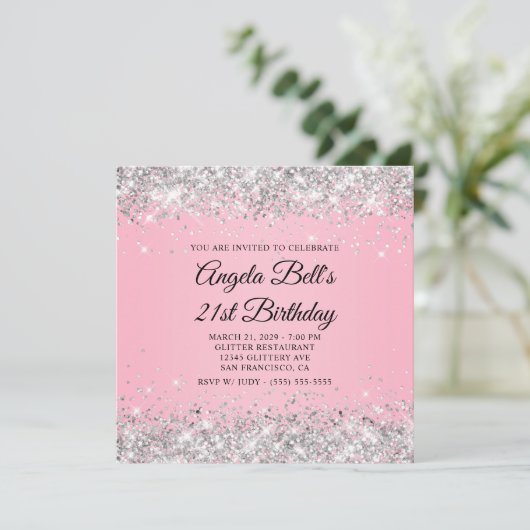 Sparkly Silver Glitter Roze 21e Verjaardag Kaart (Staand voorkant)