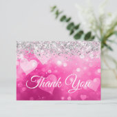 Sparkly Silver Glitter Roze Gradiënt Hart Bedankkaart (Staand voorkant)
