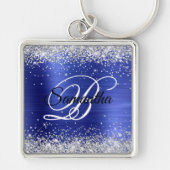 Sparkly Silver Glitter Sapphire Blue Folie Monogra Sleutelhanger (Voorkant)
