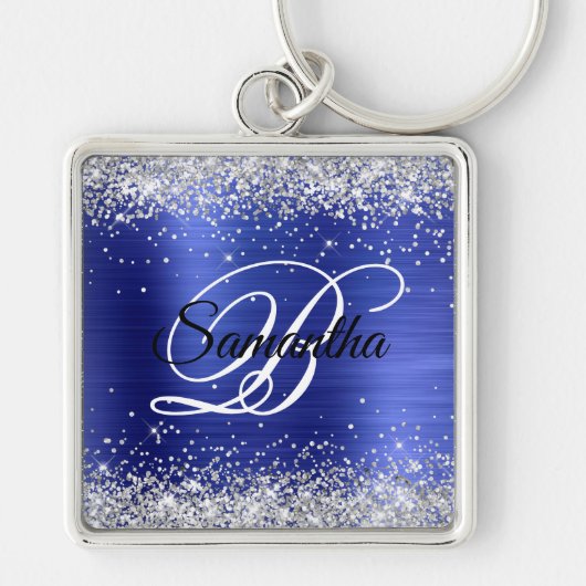 Sparkly Silver Glitter Sapphire Blue Folie Monogra Sleutelhanger (Voorkant)