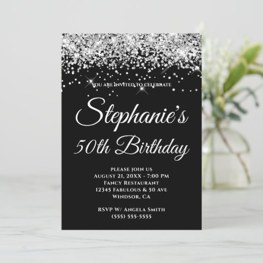 Sparkly Silver Glitter Solid Black Background Kaart (Staand voorkant)