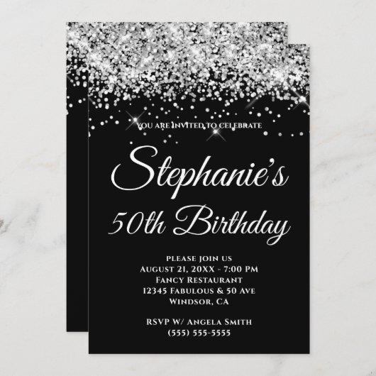 Sparkly Silver Glitter Solid Black Background Kaart (Voorkant / Achterkant)