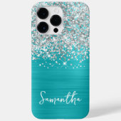 Sparkly Silver Glitter Turquoise Blue Glam Name Case-Mate iPhone Case (Achterkant)