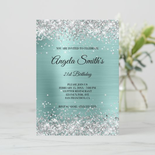 Sparkly Silver Glitter Turquoise Folie Monogram Kaart (Staand voorkant)