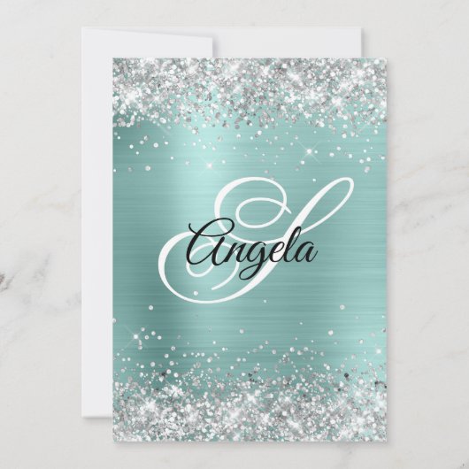 Sparkly Silver Glitter Turquoise Folie Monogram Kaart (Achterkant)