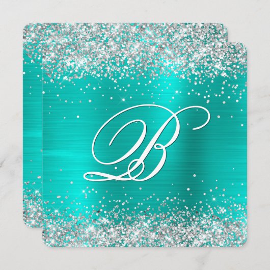 Sparkly Silver Glitter Turquoise Folie Monogrammed Kaart (Voorkant / Achterkant)