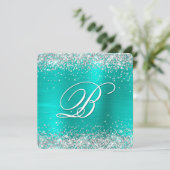 Sparkly Silver Glitter Turquoise Folie Monogrammed Kaart (Staand voorkant)