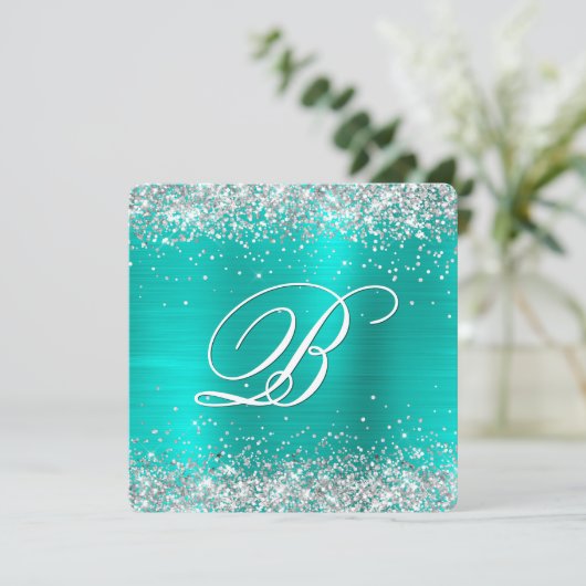 Sparkly Silver Glitter Turquoise Folie Monogrammed Kaart (Staand voorkant)
