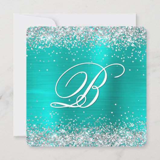 Sparkly Silver Glitter Turquoise Folie Monogrammed Kaart (Voorkant)