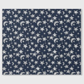 Sparkly Silver Gray Stars Moon Sky Blue Navy Cadeaupapier (Vlak)