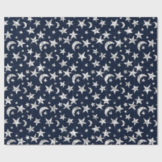 Sparkly Silver Gray Stars Moon Sky Blue Navy Cadeaupapier (Vlak)