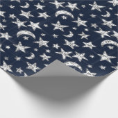 Sparkly Silver Gray Stars Moon Sky Blue Navy Cadeaupapier (Hoek)